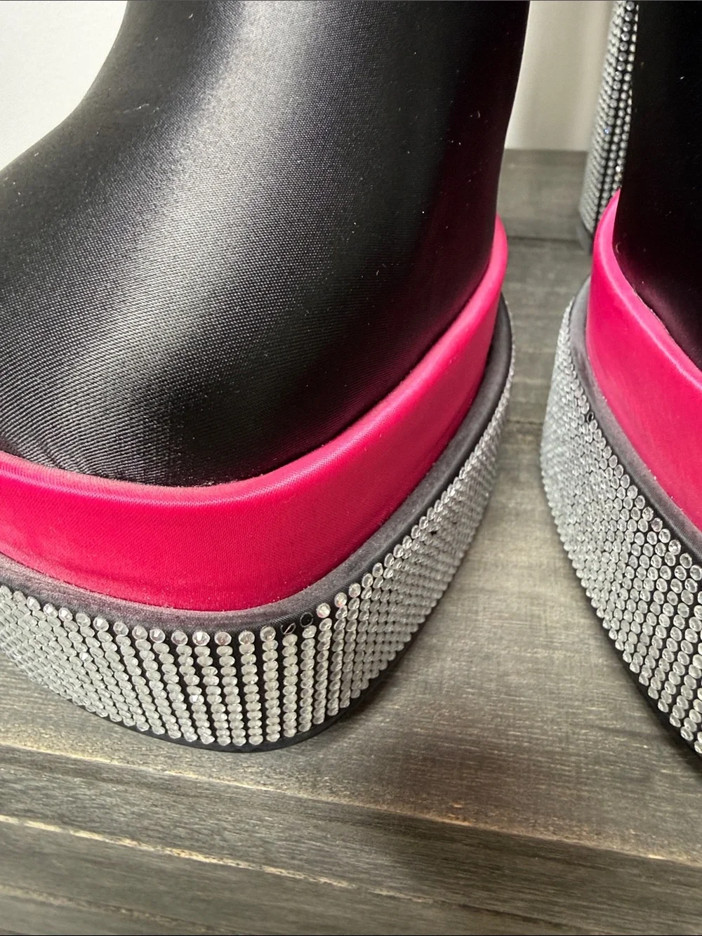Women's Black satin Platform Boots with Pink Accent
